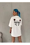 Kadın Bisiklet Yaka Baskılı Kısa Kol Oversize T-shirt - Beyaz