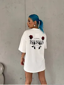Kadın Bisiklet Yaka Baskılı Kısa Kol Oversize T-shirt - Beyaz