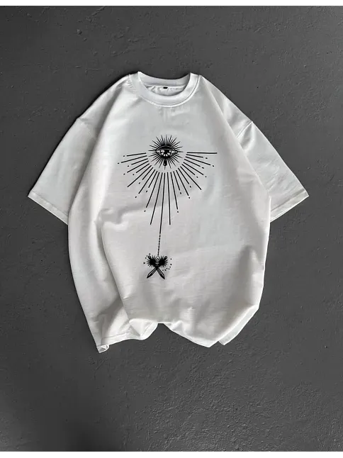 Erkek Kısa Kol Tişört Bisiklet Yaka Gül Baskılı Oversize T-shirt - Beyaz