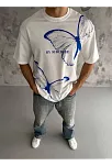 Erkek Kısa Kol Yazlık Tişört Bisiklet Yaka Baskılı Oversize T-shirt - Beyaz
