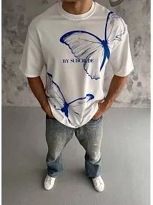 Erkek Kısa Kol Yazlık Tişört Bisiklet Yaka Baskılı Oversize T-shirt - Beyaz