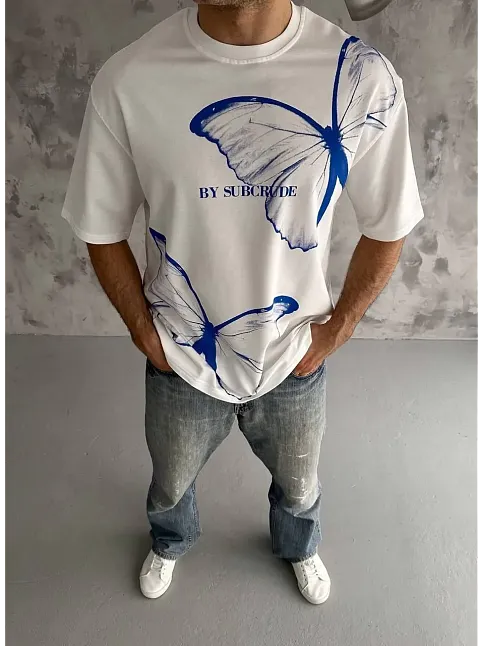 Erkek Kısa Kol Yazlık Tişört Bisiklet Yaka Baskılı Oversize T-shirt - Beyaz