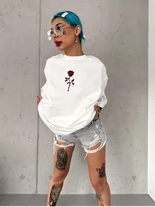 Kadın Bisiklet Yaka Baskılı Oversize Kısa Kol  T-shirt - Beyaz