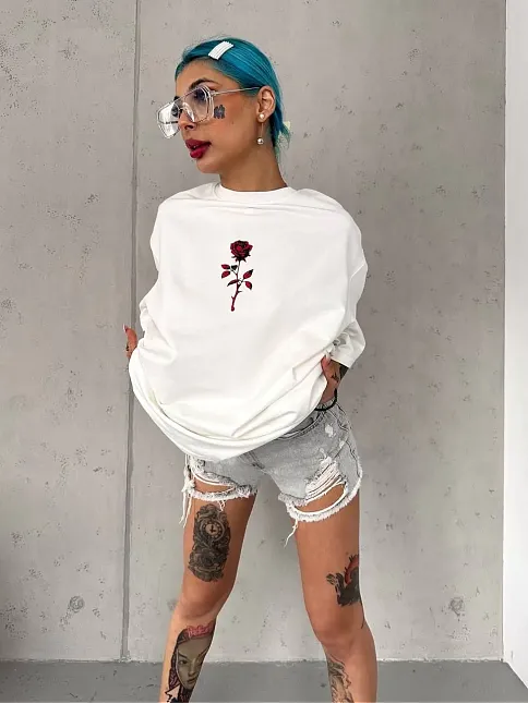 Kadın Bisiklet Yaka Baskılı Oversize Kısa Kol  T-shirt - Beyaz