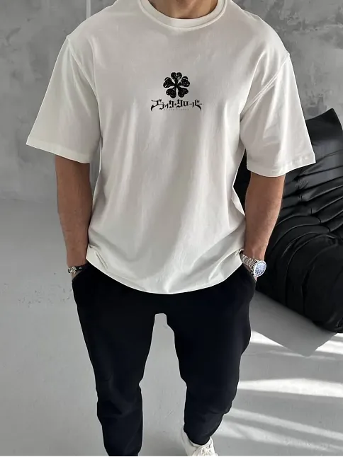 Erkek Kısa Kol Tişört Bisiklet Yaka Yonca Baskılı Oversize T-shirt -  Beyaz