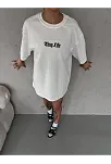 Kadın Kısa Kol Yazlık Tişört Bisiklet Yaka Baskılı Oversize T-shirt - Beyaz
