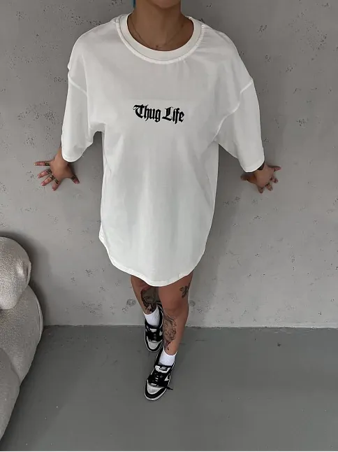 Kadın Kısa Kol Yazlık Tişört Bisiklet Yaka Baskılı Oversize T-shirt - Beyaz