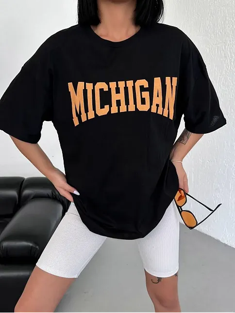 Kadın Baskılı T-shirt Kısa Kol Bisiklet Yaka Oversize Tişört - Siyah