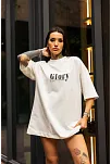 Kadın Bisiklet Yaka Baskılı Oversize  Kısa Kol T-shirt - Beyaz