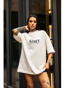 Kadın Bisiklet Yaka Baskılı Oversize  Kısa Kol T-shirt - Beyaz