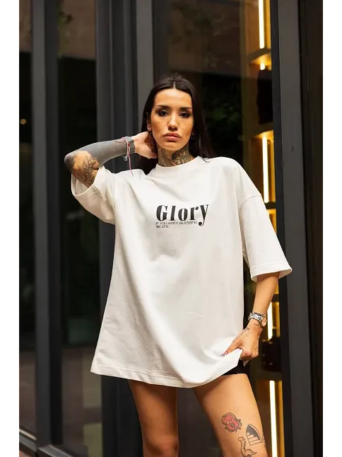 Kadın Bisiklet Yaka Baskılı Oversize  Kısa Kol T-shirt - Beyaz