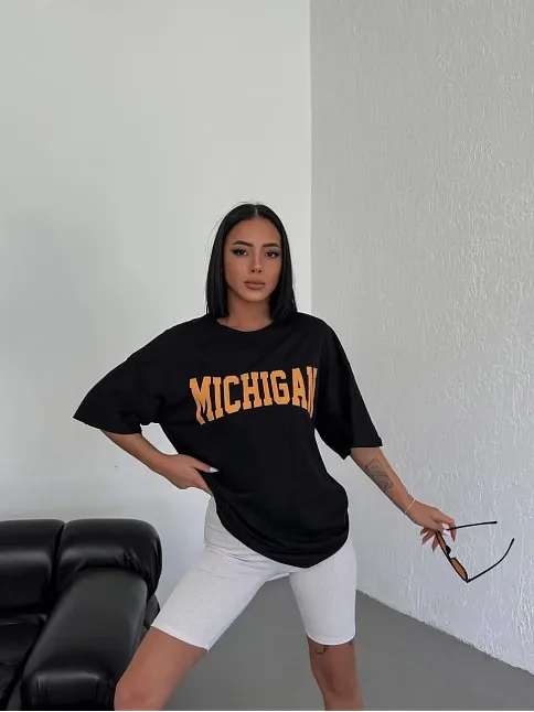 Kadın Baskılı T-shirt Kısa Kol Bisiklet Yaka Oversize Tişört - Siyah