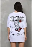Kadın Kısa Kol Yazlık Tişört Bisiklet Yaka Baskılı Oversize T-shirt - Beyaz