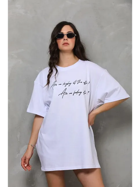 Kadın Kısa Kol Yazlık Tişört Bisiklet Yaka Baskılı Oversize T-shirt - Beyaz