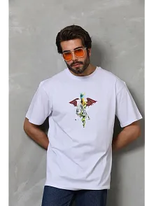 Erkek Baskılı T-shirt Kısa Kol Bisiklet Yaka Regular Fit Rahat Kalıp Tişört -  Beyaz