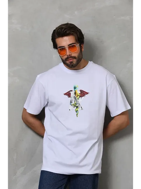 Erkek Baskılı T-shirt Kısa Kol Bisiklet Yaka Regular Fit Rahat Kalıp Tişört -  Beyaz