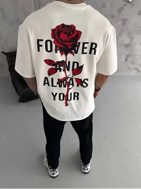 Erkek Kısa Kol Tişört Bisiklet Yaka Gül Baskılı Oversize T-shirt - Beyaz