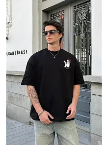 Erkek Kısa Kol Yazlık Tişört Bisiklet Yaka Baskılı Oversize T-shirt - Beyaz
