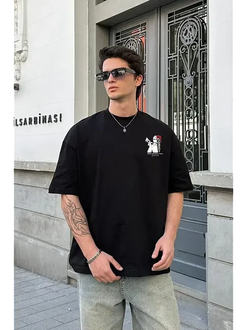 Erkek Kısa Kol Yazlık Tişört Bisiklet Yaka Baskılı Oversize T-shirt - Beyaz