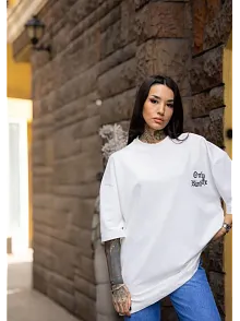 Kadın Tişort Bisiklet Yaka Baskılı Yazlık Kısa Kol Oversize T-shirt - Beyaz