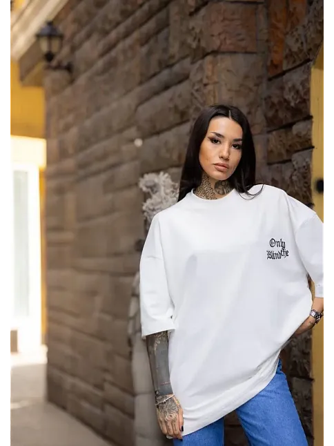 Kadın Tişort Bisiklet Yaka Baskılı Yazlık Kısa Kol Oversize T-shirt - Beyaz