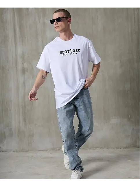 Erkek Kısa Kol Yazlık Tişört Bisiklet Yaka Baskılı Oversize T-shirt - Beyaz