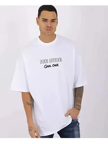 Erkek Kısa Kol Yazlık Tişört Bisiklet Yaka Baskılı Oversize T-shirt - Beyaz