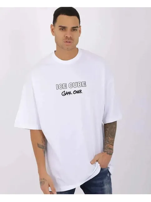 Erkek Kısa Kol Yazlık Tişört Bisiklet Yaka Baskılı Oversize T-shirt - Beyaz