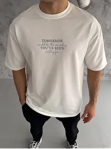 Erkek Kısa Kol Yazlık Tişört Bisiklet Yaka Baskılı Oversize T-shirt - Beyaz