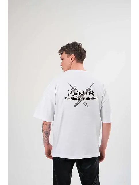 Erkek Kısa Kol Tişört Bisiklet Yaka Yonca Baskılı Oversize T-shirt -  Beyaz