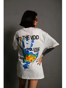 Kadın Bisiklet Yaka Baskılı Oversize Kısa Kol T-shirt - Beyaz