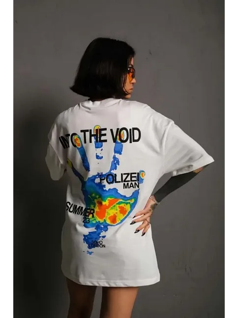 Kadın Bisiklet Yaka Baskılı Oversize Kısa Kol T-shirt - Beyaz