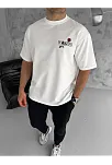 Erkek Kısa Kol Yazlık Tişört Bisiklet Yaka Baskılı Oversize T-shirt - Beyaz