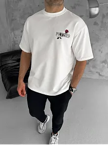 Erkek Kısa Kol Yazlık Tişört Bisiklet Yaka Baskılı Oversize T-shirt - Beyaz