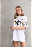 Kadın Bisiklet Yaka Baskılı Oversize T-shirt - Beyaz