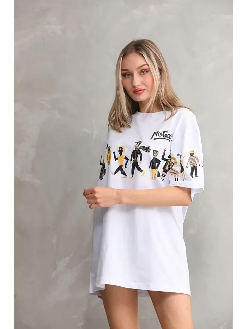 Kadın Bisiklet Yaka Baskılı Oversize T-shirt - Beyaz