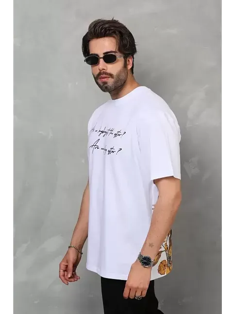 Erkek Kısa Kol Yazlık Tişört Bisiklet Yaka Baskılı Oversize T-shirt - Beyaz