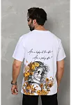 Erkek Kısa Kol Yazlık Tişört Bisiklet Yaka Baskılı Oversize T-shirt - Beyaz
