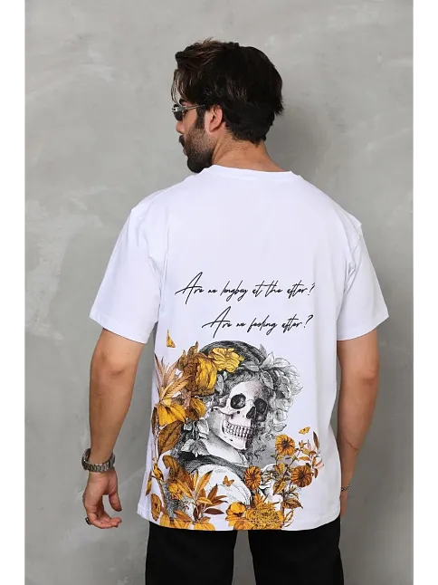 Erkek Kısa Kol Yazlık Tişört Bisiklet Yaka Baskılı Oversize T-shirt - Beyaz