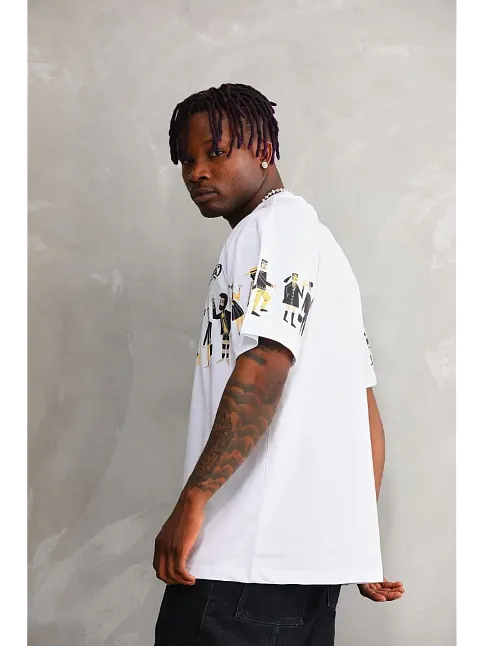 Erkek Kısa Kol Yazlık Tişört Bisiklet Yaka Baskılı Oversize T-shirt - Beyaz