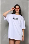 Kadın Kısa Kol Yazlık Tişört Bisiklet Yaka Baskılı Oversize T-shirt - Beyaz