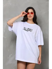 Kadın Kısa Kol Yazlık Tişört Bisiklet Yaka Baskılı Oversize T-shirt - Beyaz