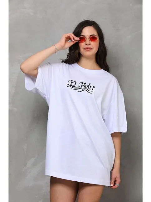 Kadın Kısa Kol Yazlık Tişört Bisiklet Yaka Baskılı Oversize T-shirt - Beyaz