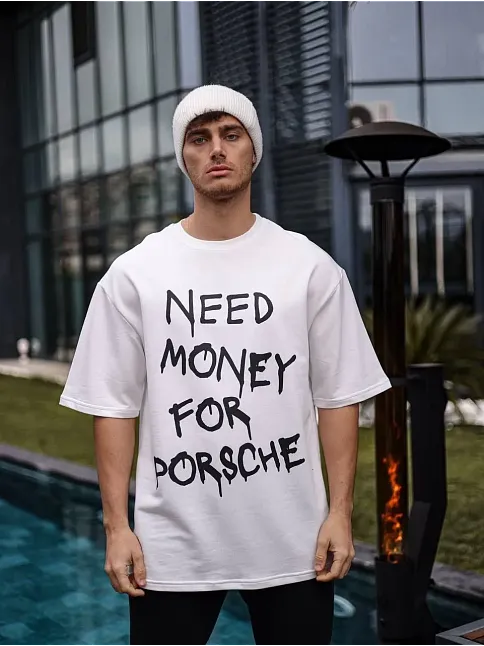 Erkek Kısa Kol Yazlık Tişört Bisiklet Yaka Baskılı Oversize T-shirt - Beyaz