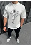 Erkek Kısa Kol Tişört Bisiklet Yaka Gül Baskılı Oversize T-shirt - Beyaz