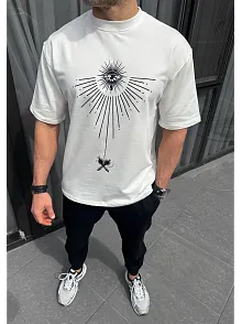 Erkek Kısa Kol Tişört Bisiklet Yaka Gül Baskılı Oversize T-shirt - Beyaz