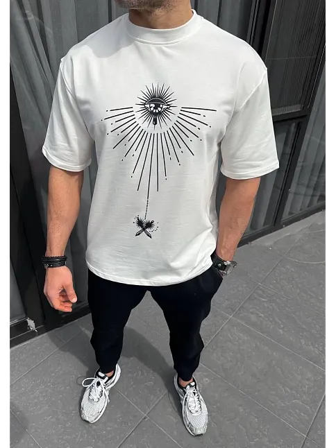Erkek Kısa Kol Tişört Bisiklet Yaka Gül Baskılı Oversize T-shirt - Beyaz