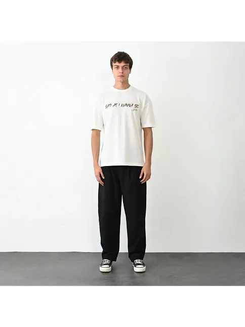 Erkek Baskılı T-shirt Kısa Kol Bisiklet Yaka Regular Fit Rahat Kalıp Günlük Tişört- Beyaz