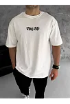 Erkek Kısa Kol Yazlık Tişört Bisiklet Yaka Baskılı Oversize T-shirt - Beyaz