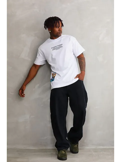 Erkek Bisiklet Yaka Baskılı Oversize T-shirt - Beyaz